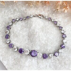 Amethyst & Cubic Zirconia Vintage 925 Sterling Silver Tennis Bracelet - 7.5"